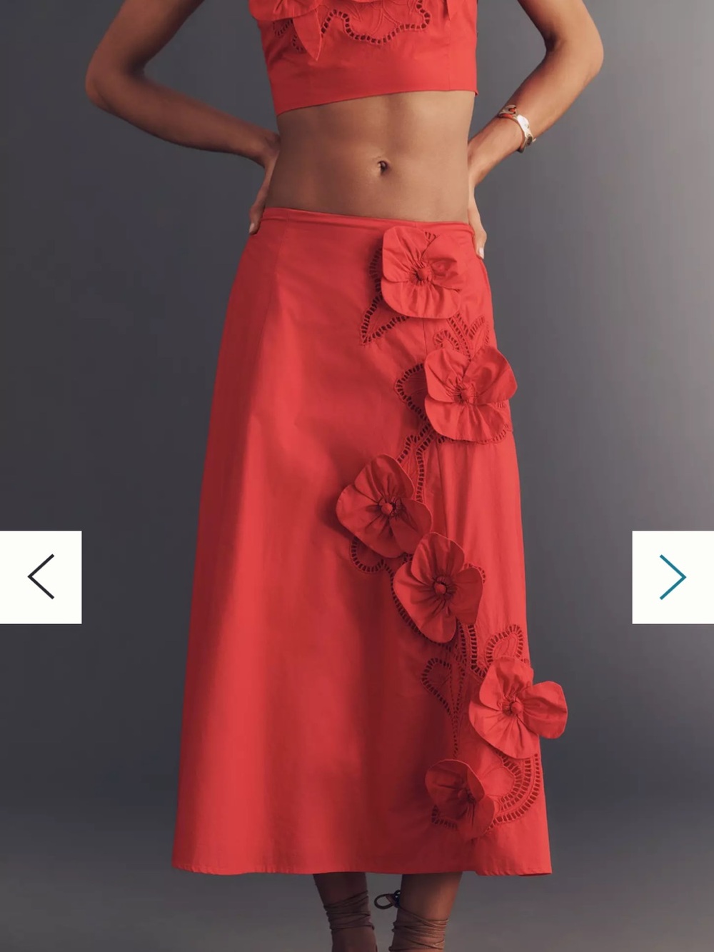 Maeve Coral Red Maxi Skirt with Floral Appliqués